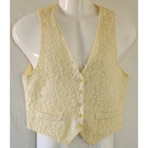 AKF New York VTG 90s Boho Retro Lace Pattern Cream Button Vest Womens Size Small